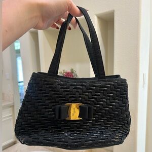 Ferragamo Elegant Black Woven Handbag with Gold Accent
